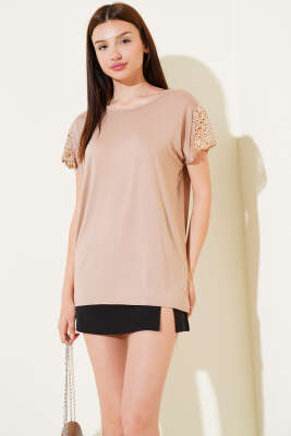 Kol Güpürlü T-shirt Latte - Thumbnail