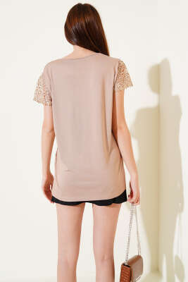 Kol Güpürlü T-shirt Latte - Thumbnail