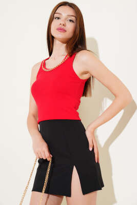 Pazarium - Zincir Detaylı Kalın Askılı Bluz Kırmızı