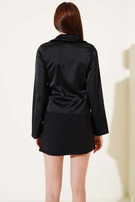 Önü Bağcıklı Saten Kısa Gömlek Siyah - Thumbnail