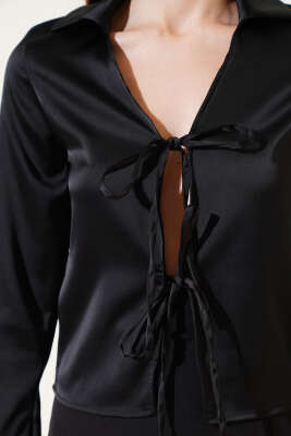 Önü Bağcıklı Saten Kısa Gömlek Siyah - Thumbnail