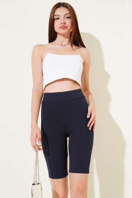 Pazarium - Fitilli Bel Lastikli Kısa Tayt Lacivert