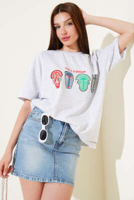 Nays Edition Baskılı T-shirt Melanj Gri - Thumbnail