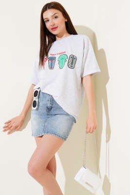 Nays Edition Baskılı T-shirt Melanj Gri - Thumbnail