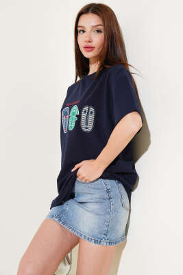 Nays Edition Baskılı T-shirt Lacivert - Thumbnail