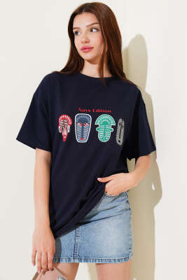 Nays Edition Baskılı T-shirt Lacivert - Thumbnail