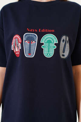 Nays Edition Baskılı T-shirt Lacivert - Thumbnail
