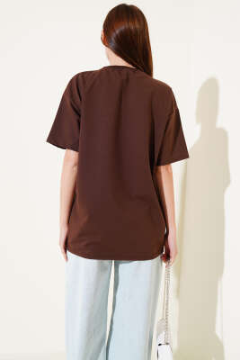 Nays Edition Baskılı T-shirt Kahve - Thumbnail