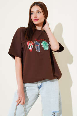 Nays Edition Baskılı T-shirt Kahve - Thumbnail