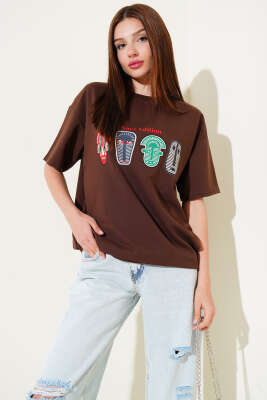 Nays Edition Baskılı T-shirt Kahve - Thumbnail