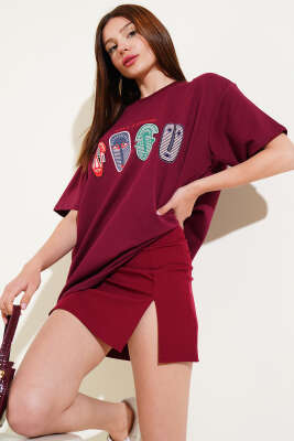 Nays Edition Baskılı T-shirt Bordo - Thumbnail