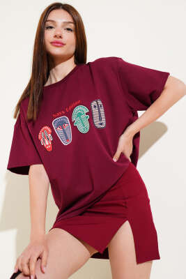 Nays Edition Baskılı T-shirt Bordo - Thumbnail