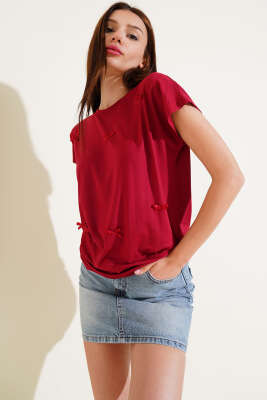 Pazarium - Kurdele Süslemeli T-shirt Bordo