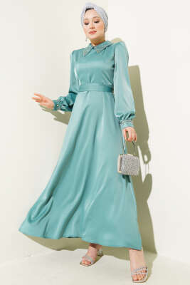 Yaka Manşet Taşlı Saten Abiye Elbise Çağla Yeşili - Thumbnail