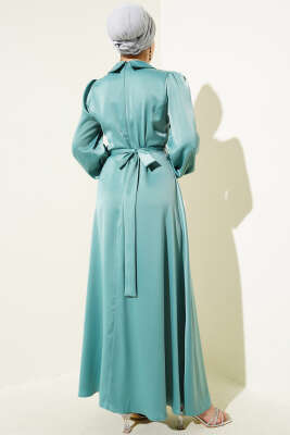 Yaka Manşet Taşlı Saten Abiye Elbise Çağla Yeşili - Thumbnail