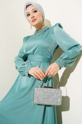 Yaka Manşet Taşlı Saten Abiye Elbise Çağla Yeşili - Thumbnail