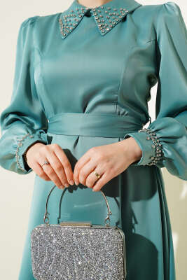 Yaka Manşet Taşlı Saten Abiye Elbise Çağla Yeşili - Thumbnail