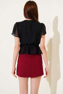 Kruvaze Yaka Bağlamalı Şifon Bluz Siyah - Thumbnail