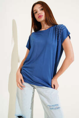Pazarium - Omuz Taşlı İncili T-shirt İndigo