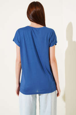 Omuz Taşlı İncili T-shirt İndigo - Thumbnail