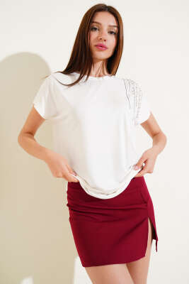 Pazarium - Omuz Taşlı İncili T-shirt Ekru