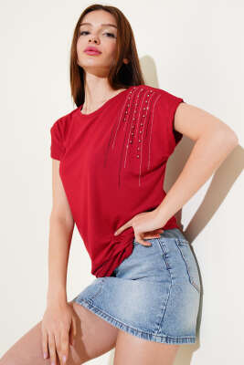 Pazarium - Omuz Taşlı İncili T-shirt Bordo