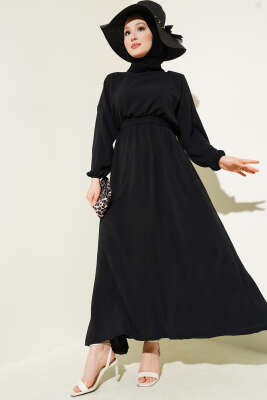 Pazarium - Bel Lastikli Kuşaklı Ayrobin Elbise Siyah