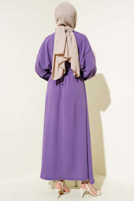 Bel Lastikli Kuşaklı Ayrobin Elbise Mor - Thumbnail