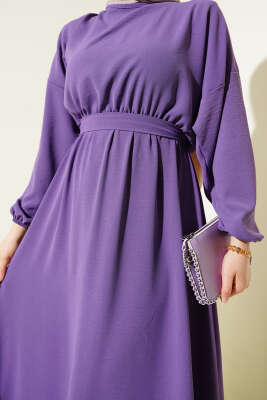 Bel Lastikli Kuşaklı Ayrobin Elbise Mor - Thumbnail