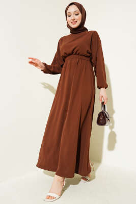 Bel Lastikli Kuşaklı Ayrobin Elbise Kahve - Thumbnail