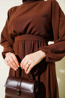 Bel Lastikli Kuşaklı Ayrobin Elbise Kahve - Thumbnail