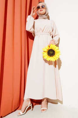 Pazarium - Bel Lastikli Kuşaklı Ayrobin Elbise Bej