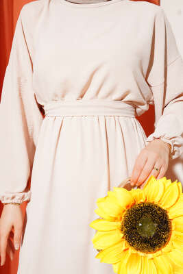 Bel Lastikli Kuşaklı Ayrobin Elbise Bej - Thumbnail