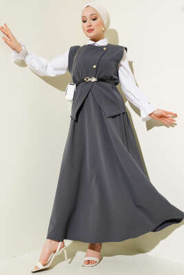 Pazarium - Çapraz Gold Düğmeli Etekli İkili Takım Füme