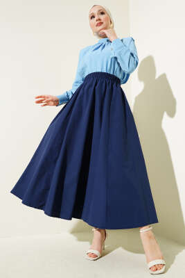 Cepli Bel Lastikli Poplin Etek Lacivert - Thumbnail