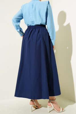 Cepli Bel Lastikli Poplin Etek Lacivert - Thumbnail