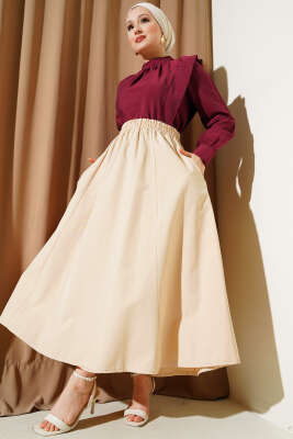 Cepli Bel Lastikli Poplin Etek Bej - Thumbnail