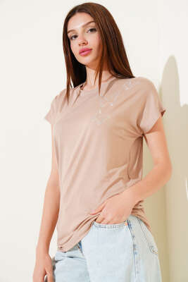 Pazarium - Kelebek Taşlı T-shirt Camel