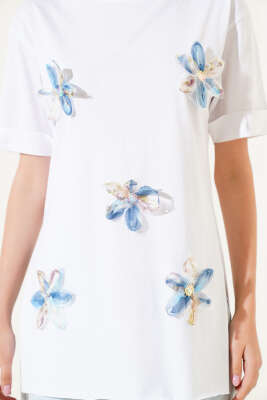Duble Kol Tül Çiçekli T-shirt Beyaz - Thumbnail