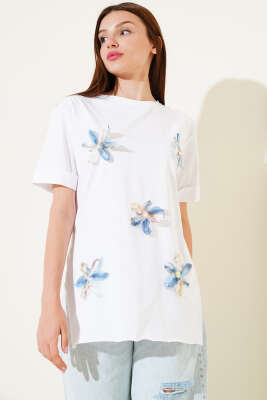 Duble Kol Tül Çiçekli T-shirt Beyaz - Thumbnail