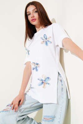 Duble Kol Tül Çiçekli T-shirt Beyaz - Thumbnail