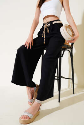 Pazarium - Hasır Kemerli Geniş Paça Pantolon Siyah