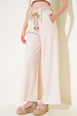 Pazarium - Hasır Kemerli Geniş Paça Pantolon Bej