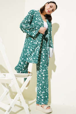 Pazarium - Karışık Desenli Bürümcük Kimono İkili Takım Zümrüt