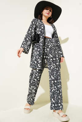 Pazarium - Karışık Desenli Bürümcük Kimono İkili Takım Siyah