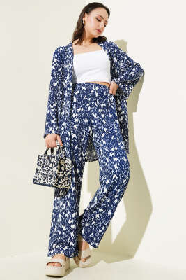 Karışık Desenli Bürümcük Kimono İkili Takım Lacivert - Thumbnail