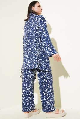 Karışık Desenli Bürümcük Kimono İkili Takım Lacivert - Thumbnail