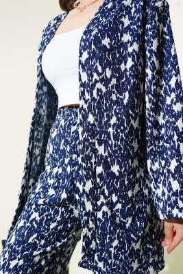 Karışık Desenli Bürümcük Kimono İkili Takım Lacivert - Thumbnail