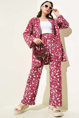 Pazarium - Karışık Desenli Bürümcük Kimono İkili Takım Bordo