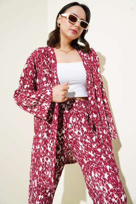 Karışık Desenli Bürümcük Kimono İkili Takım Bordo - Thumbnail